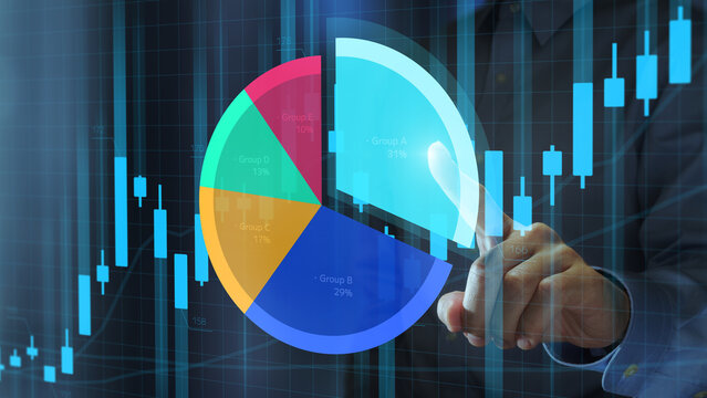 Investment portfolio. Diversification and asset allocation. Investor rebalancing the portfolio to manage exposure. Man touching pie chart and candlestick chart.