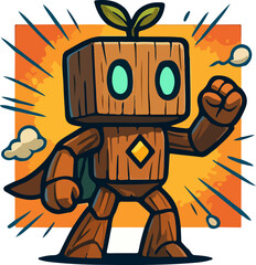 Wooden Nature Robot Guardian in Futuristic Retro Style