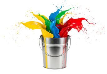 Vibrant Paint Splatter: Colorful Metal Bucket Background