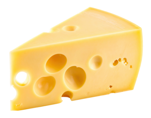 Close-up of a triangular wedge of Swiss cheese, displaying holes