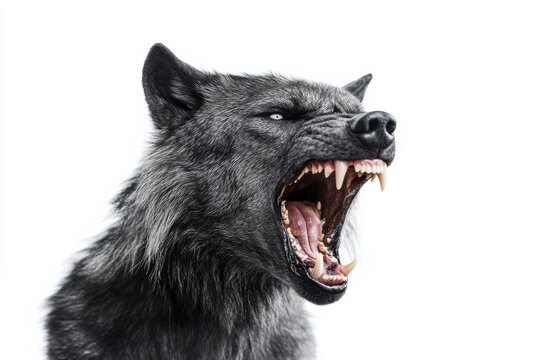 Furious werewolf growling with bared teeth against a plain white background
