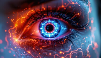 a futuristic biomechanical human eye close up glowing holographic circuits neon blue augmented reality design sci fi technology hyper realistic lens cybernetic vision detailed advanced futuristic
