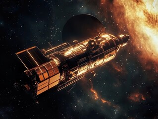 Obraz premium Astronaut stands on a barren planet before a large, landed spaceship.