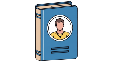 Isolated textbook with male portrait in center, personal profile with two blue lines below