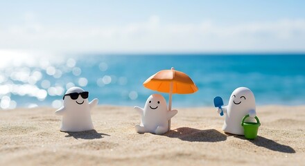 Obraz premium Happy Ghosts Enjoying a Sunny Beach Vacation Scene