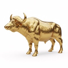 A golden 3D model of a bull, standing on four legs with large horns and a massive body,
