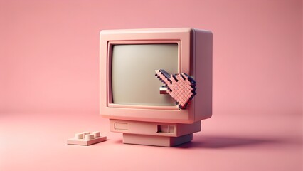 Retro computer with pixelated cursor on pink background