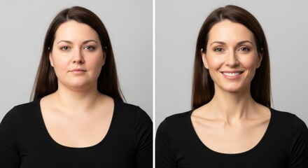 Transformation Portrait Showing a woman's Before and After beauty, highlighting slimming and facial contouring improvements.