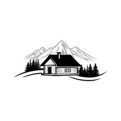 A monochrome illustration of a cabin nestled amidst mountains and evergreen trees, evoking a sense of tranquility.