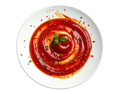 Red sauce swirls on a plate, garnished with herbs and spices