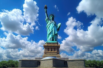 Famous landmarks of New York featuring the iconic Statue of Liberty on a sunny day