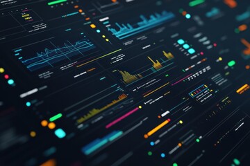 Flow of digital data visuals with graphs and analytics on a dark interface showcasing trends