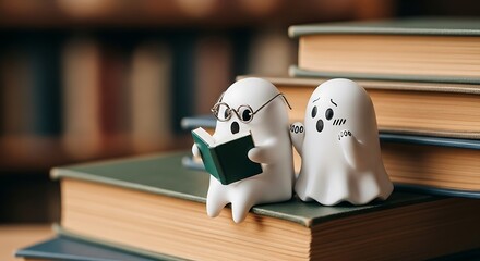 Charming spectral friends discover the joy of reading within a classic bookshelf