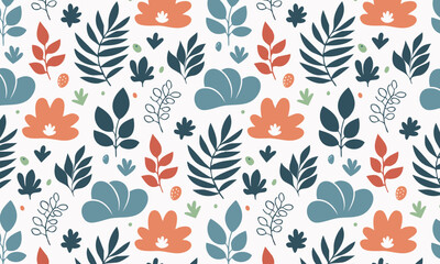 Elegant Hand Drawn Botanical Seamless Pattern, Autumn Foliage with Blue and Orange Leaves