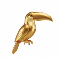 A golden 3D model of a toucan, standing on its legs, with a large beak