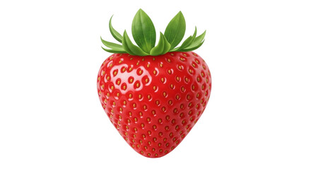 Isolated ripe strawberry with stem and leaves in center shot on plain backdrop at eye-level