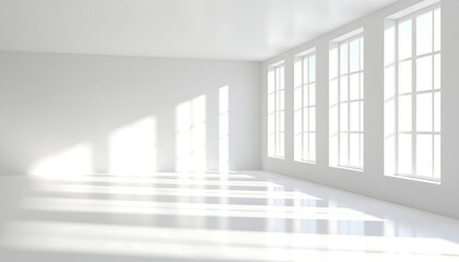 Fototapeta premium Empty, bright white room with large windows. Sunlight casts shadows on floor