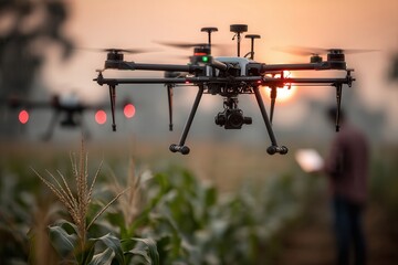 Drone hovering above cornfield at sunrise for crop monitoring with farmer in background using precision agriculture technology