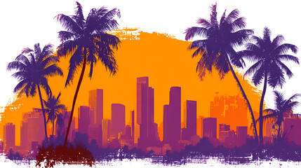 Vibrant Miami Beach Sunset with Palm Tree Silhouettes and Art Deco City Skyline in a Tropical Summer Vector Illustration