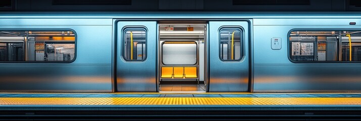 Naklejka premium Graphic layouts for advertising focused on an open subway train door in a modern station