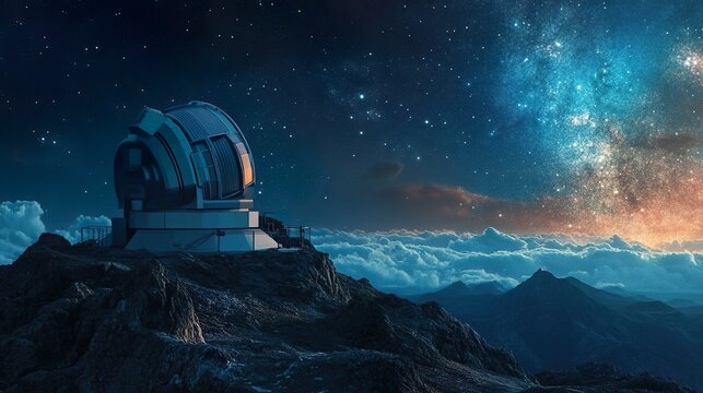 An astronomical observatory on a mountain, with the milky way in the night sky.