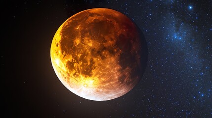 A glowing, hot planet, like the moon or Mercury, against a starry background.