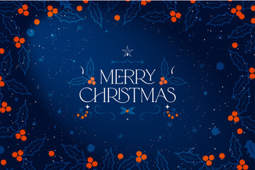 Elegant Merry Christmas Greeting Card Banner with typographic text for holiday season. Blue xmas greeting card with holly and berry frame borders, snow and star pattern. For prints, ads, social media.