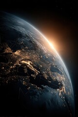 Earth illuminated at sunrise with glowing European cities symbolizing futuristic IoT connectivity across the globe