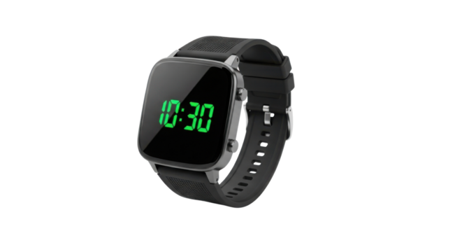 Black smartwatch displaying 10:30 time isolated PNG with Transparent Background