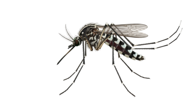 Isolated Aedes mosquito showing its striped body, dangerous carrier of tropical diseases