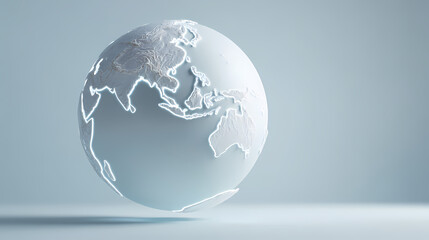 A minimalist white globe floats suspended in a clean studio space against a plain background with no visible support creating a sense of serene weightlessness and conceptual design