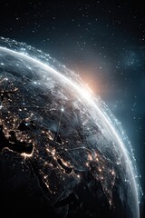 Earth at sunrise with glowing city lights and IoT networks forming a futuristic connected digital communication grid