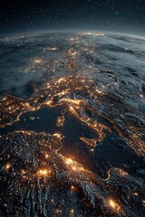 Illuminated Earth at night highlighting Italy and Mediterranean cities glowing with futuristic IoT network connectivity