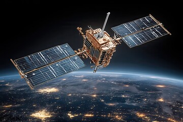Golden satellite with solar panels orbiting Earth illuminated by glowing city lights symbolizing futuristic IoT
