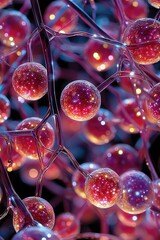 Futuristic microscopic view of glowing biological cells connected by nanotech filaments, illuminating with colorful energy as advanced medical data flows through the network