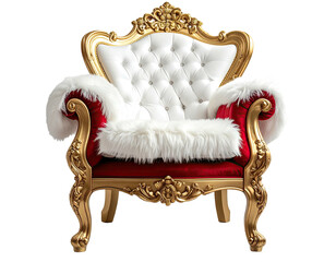 Ornate gold-framed throne chair with white leather and red velvet, fur trim