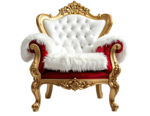Ornate gold-framed throne chair with white leather and red velvet, fur trim