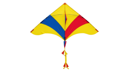 Isolated yellow delta kite with blue and red panels and streamers flying in the sky outdoors