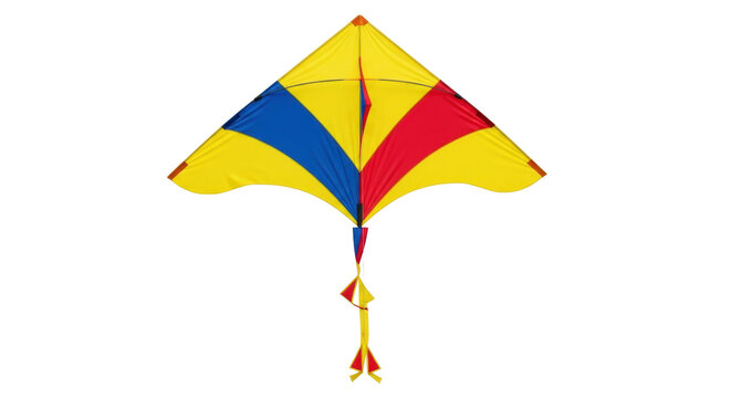 Isolated yellow delta kite with blue and red panels and streamers flying in the sky outdoors - Powered by Adobe