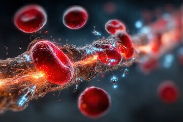Futuristic microscopic visualization of red blood cells traveling in artery, supported by glowing nanotech filaments and nanobots transmitting therapeutic signals and medical data