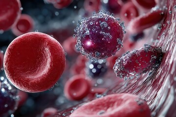 Futuristic microscopic view of red blood cells and nanotechnology particles interacting inside human veins