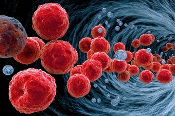 Futuristic medical visualization of red biological cells and nanotechnology particles swirling inside a dynamic microscopic vortex