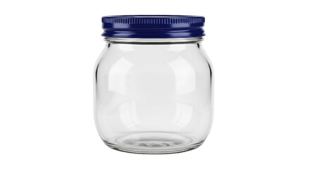 Isolated glass jar with a blue lid, empty storage container for food or preserving