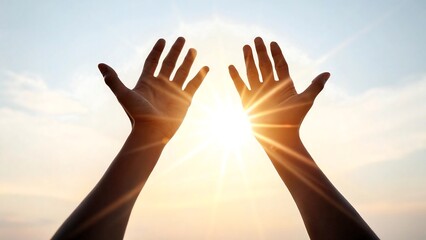 Hands raised toward bright sunlight with glowing rays and warm sky background 

