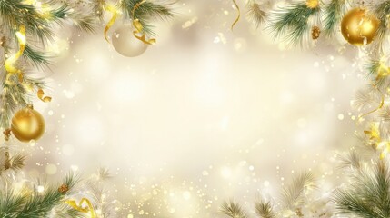 Festive gold and green christmas border with pine branches and baubles