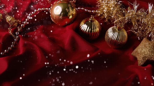 Festive gold ornaments on red velvet with glittering decorations - Powered by Adobe
