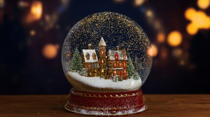 Festive snow globe with illuminated winter scene and falling snowflakes