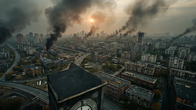 Rising smoke plumes aerial camera zooming to damaged clock tower at dawn showing highway traffic