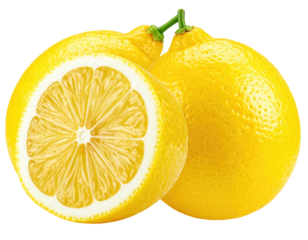 Two vibrant yellow lemons, one whole and one halved, close-up