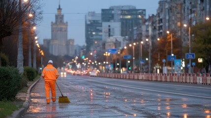 Obraz premium Professional Street Cleaner Sweeping Road in Cityscape Dusk